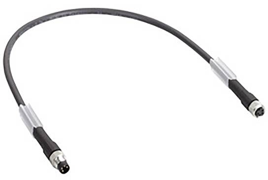 Čierny kábel s kovovými konektormi na oboch koncoch, často používaný na elektronické prepojenia alebo zariadenia.
