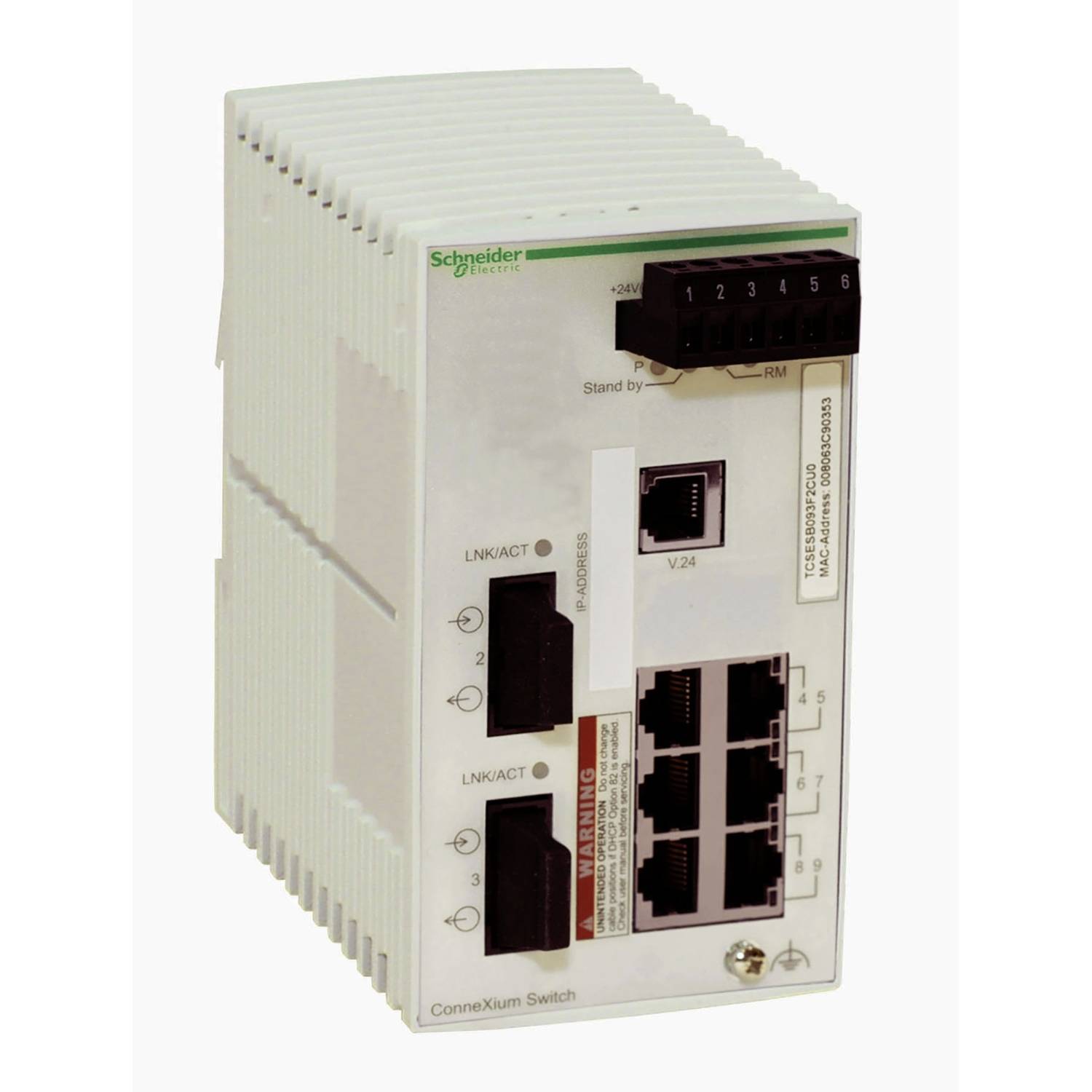 Sieťový prepínač od Schneider Electric s viacerými ethernetovými portami a indikátorom stavu.