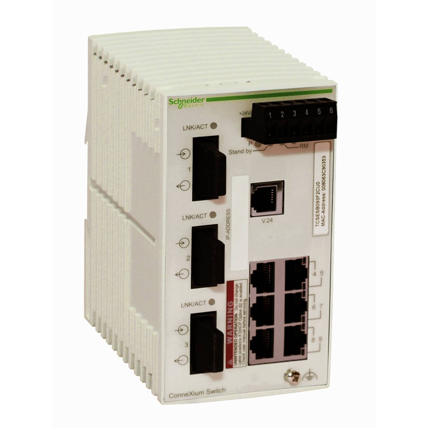 Priemyselný sieťový prepínač od Schneider Electric s viacerými ethernetovými portami a indikátormi stavu. Vhodný pre priemyselné použitie.