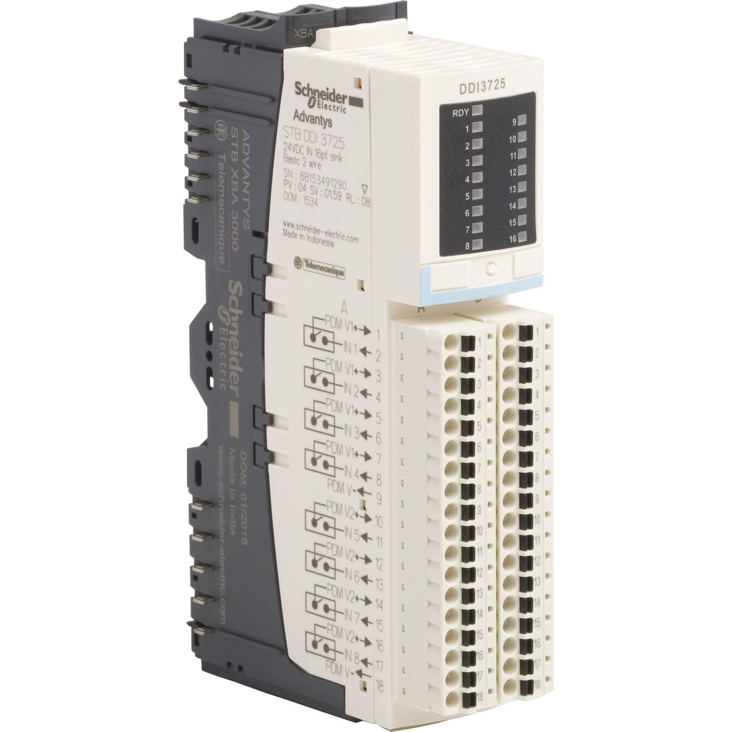 SPS-modul od Schneider Electric, typ DDI 3725, s viacerými vstupmi a výstupmi, zobrazuje stavové LED indikátory na prednej strane.