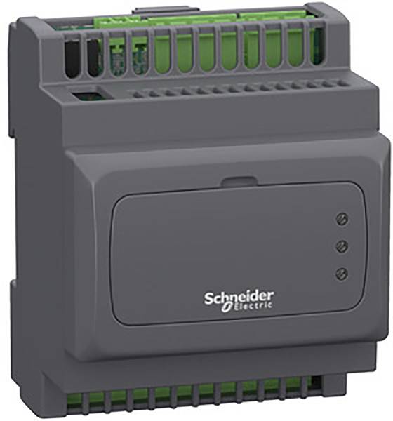 Sivé priemyselné riadiace zariadenie so svorkami a logom spoločnosti Schneider Electric. Má obdĺžnikový predný kryt.