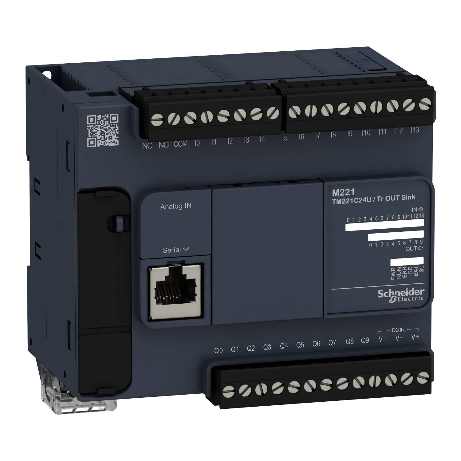 Programovateľný logický automat (PLC) od Schneider Electric; model M221. Obsahuje analógové vstupy, sériové rozhranie a svorkovnice.