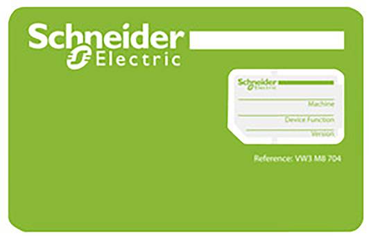 Zelená karta s logom 'Schneider Electric' v ľavom hornom rohu. Vpravo je menší oddiel s viacerými prázdnymi poliami a referenciou 'VW3 MB 704'.