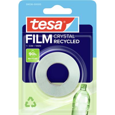 Balenie pásky na lepenie „tesa" crystal-recycled, zobrazujúce kotúč pásky, logo recyklácie a obrázok plastovej fľaše naznačujúci 90% recyklovaných materiálov.