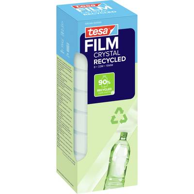 'Tesa Film Crystal Recycled', obsahujúci 90% recyklovaného plastu, balenie so symbolom recyklácie a obrázkom plastovej fľaše.