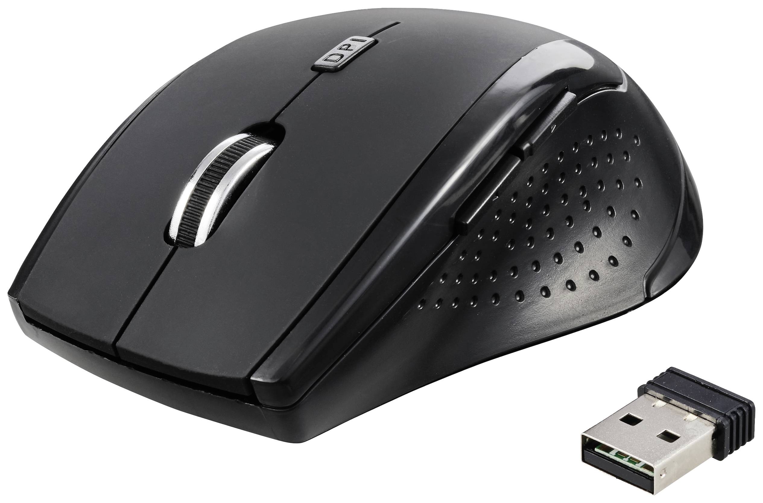 Čierna bezdrôtová počítačová myš s tlačidlom DPI, USB prijímačom, bočnými tlačidlami a ergonomickým dizajnom.