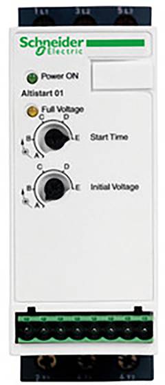 Elektrické riadiace zariadenie od Schneider Electric s otočnými regulátormi pre 'Štartovací čas' a 'Počiatočné napätie'. LED diódy indikujú 'Napájanie ZAP' a 'Plné napätie'.