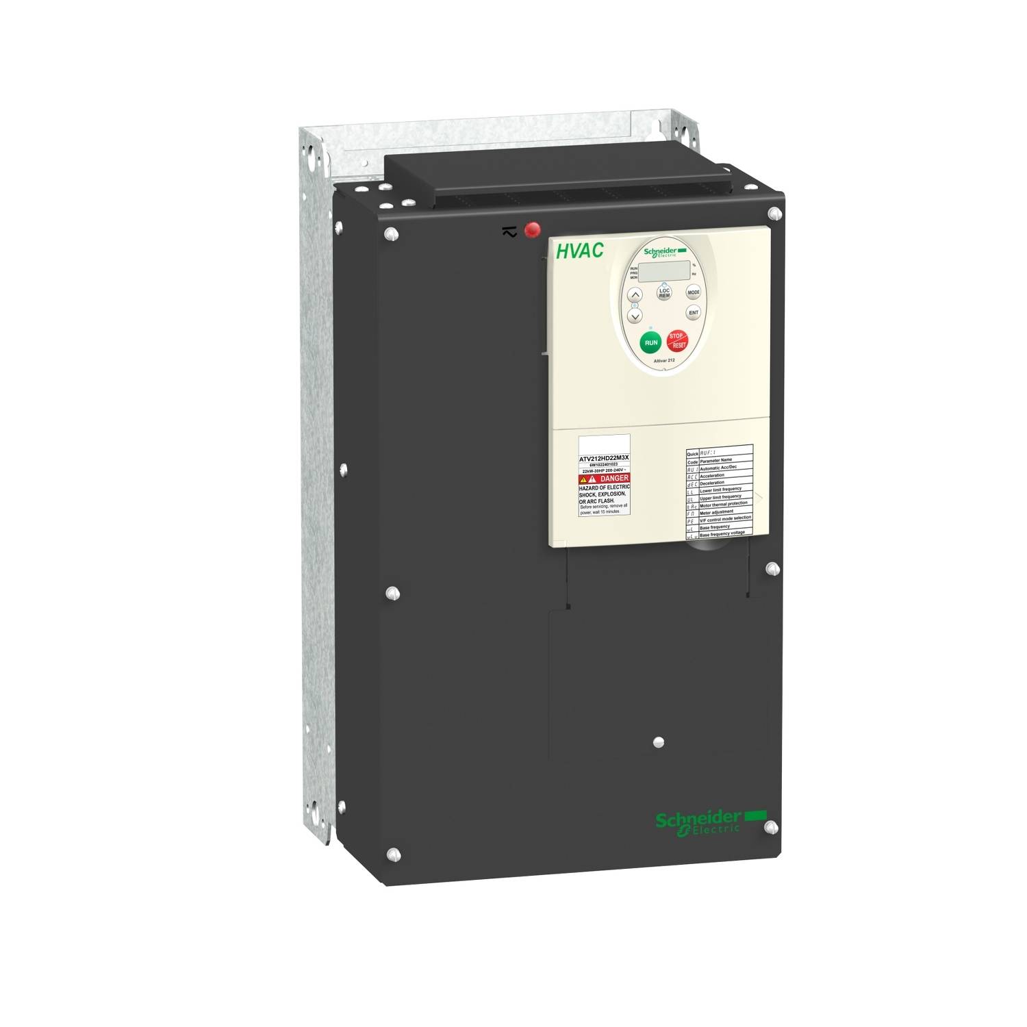 Čierny HVAC kontrolér od Schneider Electric s digitálnym displejom a ovládacími tlačidlami, pripevnený na kovovom držiaku.