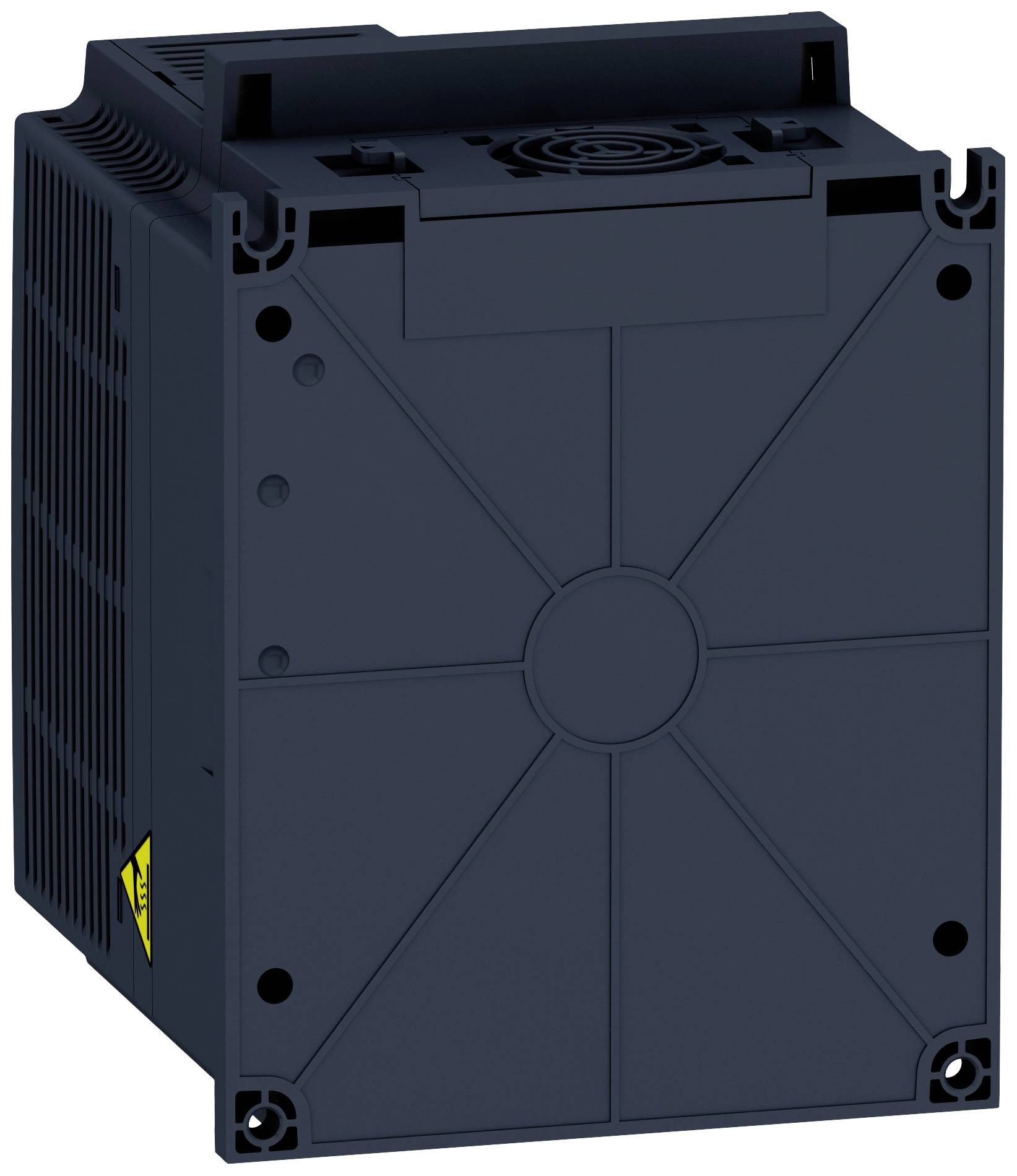 Čierne, obdĺžnikové elektronické zariadenie s ventilátorom hore a chladiacimi prvkami na boku. V dolnom rohu sa nachádza žltý výstražný symbol.