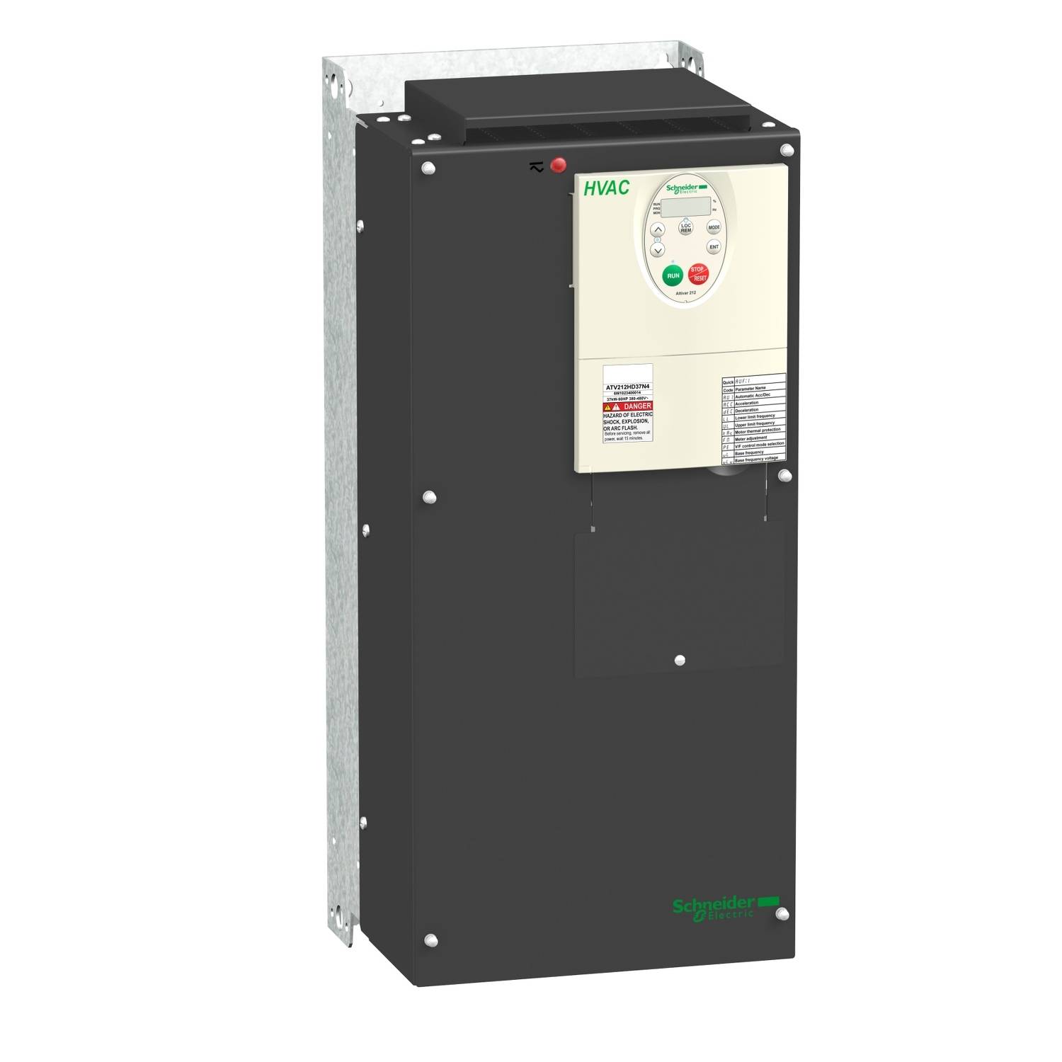 Čierny rozvádzač s béžovým ovládacím panelom pre HVAC riadenie na prednej strane. Rozvádzač je namontovaný na stene.