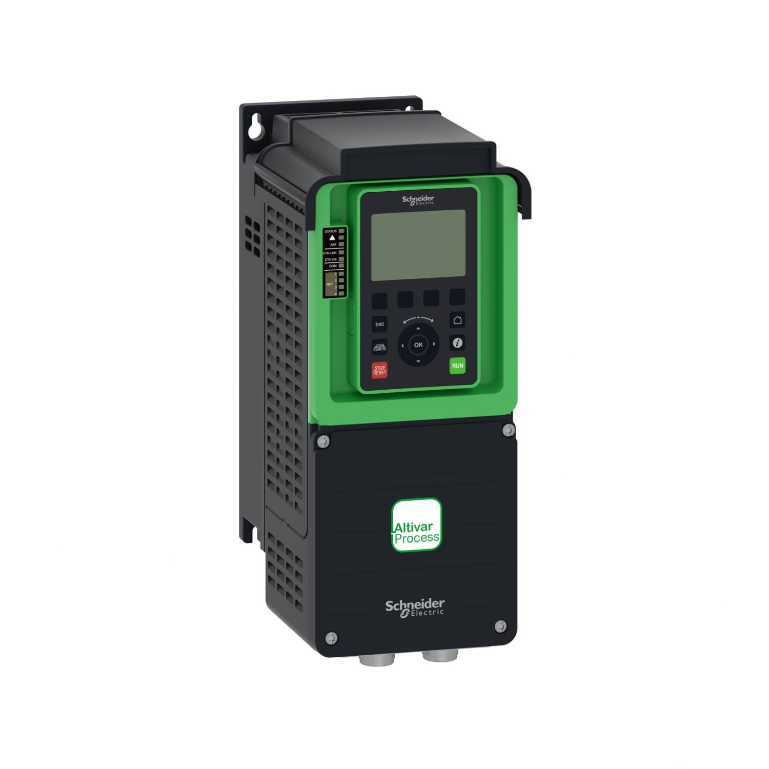 Frekvenčný menič Schneider Electric so zeleným krytom a ovládacím panelom. Model: Altivar Process. Určený na riadenie motorov.
