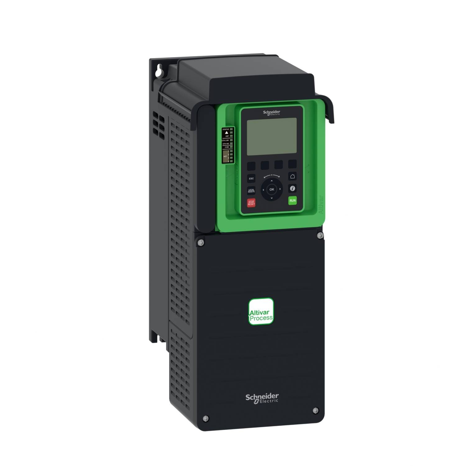 Zelený frekvenčný menič Schneider Electric Altivar Process pred bielym pozadím.
