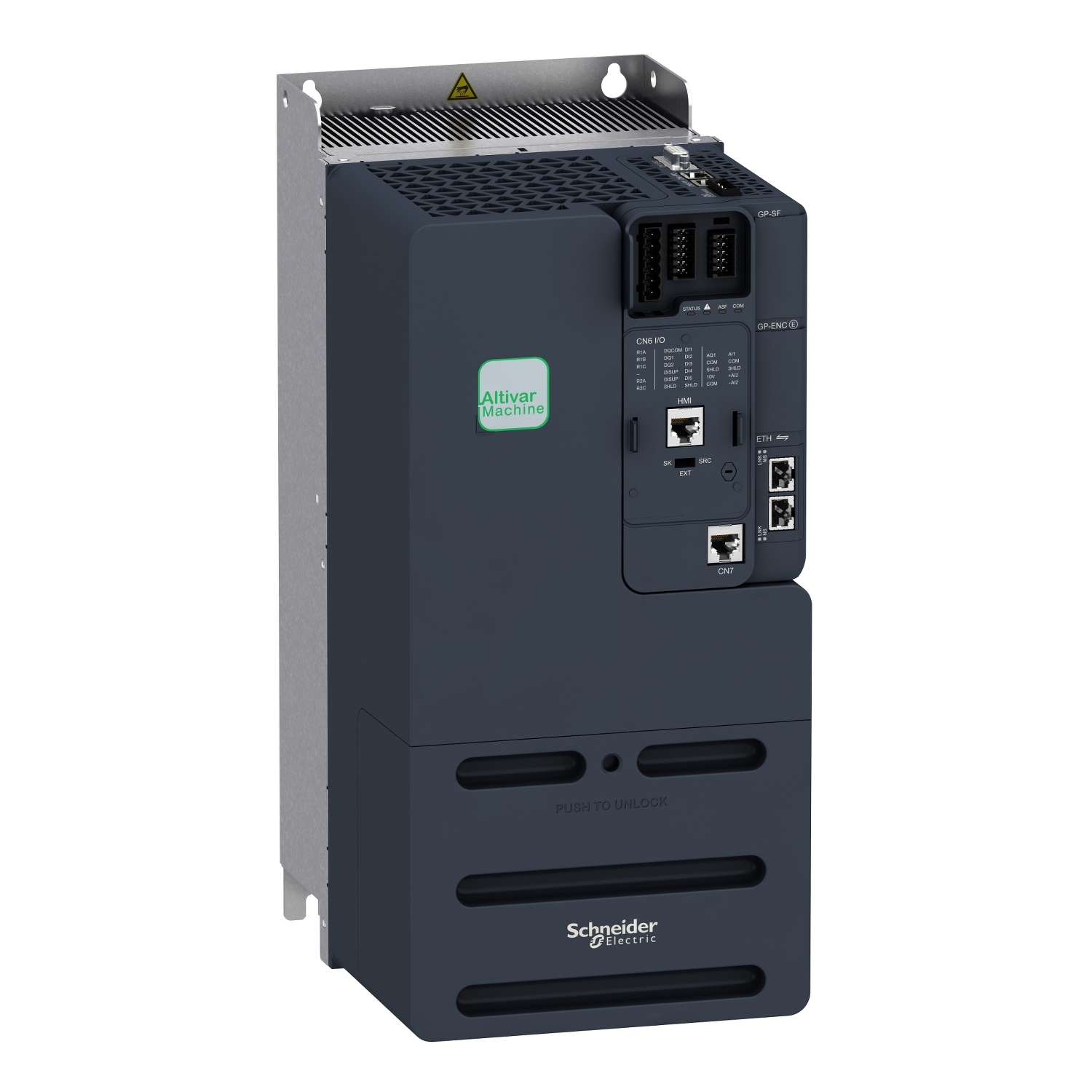 Frekvenčný menič Schneider Electric, model Altivar Machine ATV340, s prípojkami a vetracími mriežkami na hornej strane.
