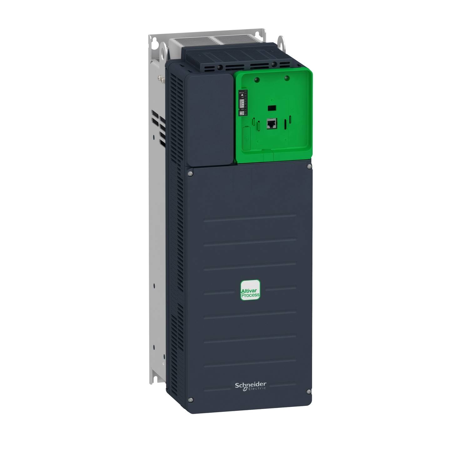 Čierny a zelený frekvenčný menič Schneider Electric, model ATV980, určený na riadenie elektromotora v priemyselných aplikáciách.