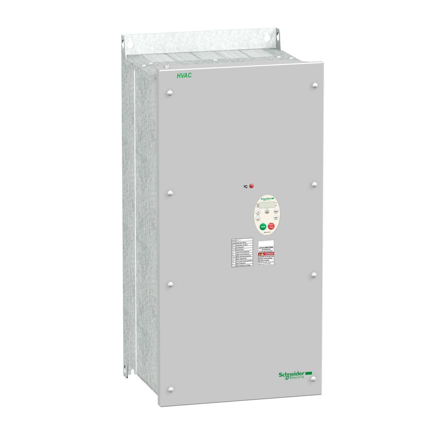 Obdĺžnikový sivý rozvádzač od spoločnosti Schneider Electric s digitálnym ovládacím panelom uprostred a nápisom 'HVAC'.