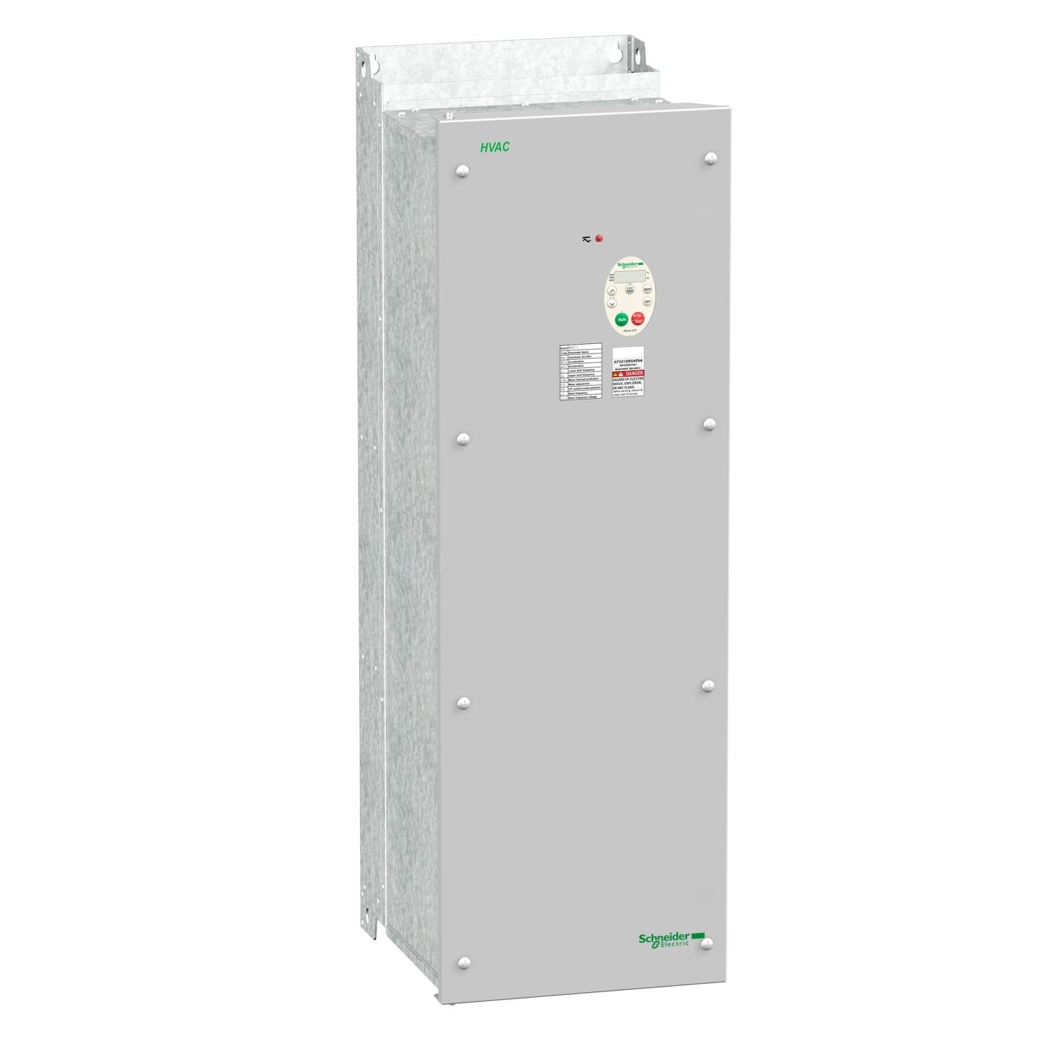 Elektrické zariadenie rozvádzača označené štítkom 'HVAC', s ovládacími tlačidlami a indikátormi na prednej strane. Výrobcom je Schneider Electric.