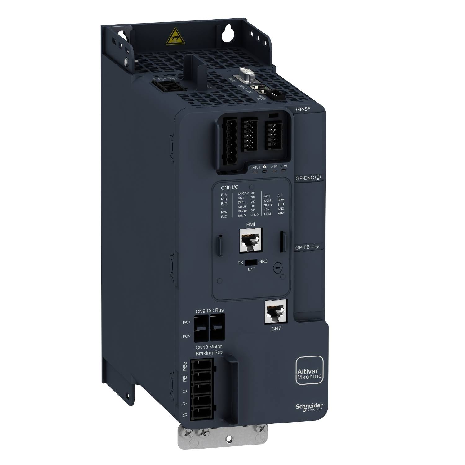 Tmavosivý frekvenčný menič od Schneider Electric s viacerými prípojnými možnosťami a vetracími mriežkami na vrchu.