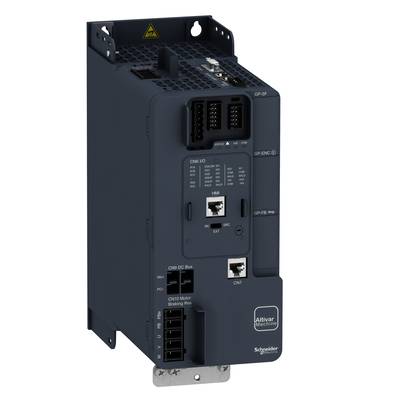 Tmavosivý frekvenčný menič od Schneider Electric s viacerými prípojnými možnosťami a vetracími mriežkami na vrchu.