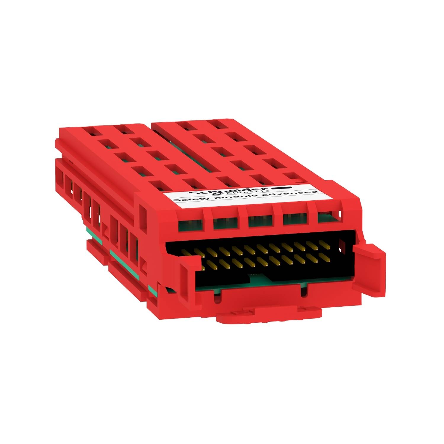 Červený elektronický konektor s viacerými portmi, pohľad spredu. Má obdĺžnikový dizajn s čiernym vnútorným vložením.