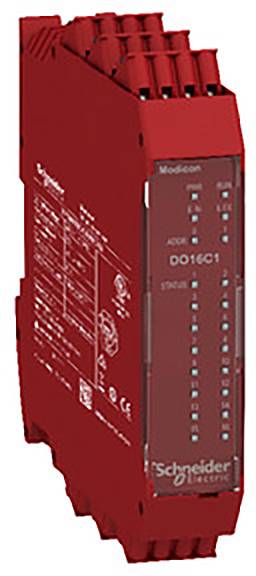 Červený elektronický modul so svorkami, modelové číslo 'DO16C1', od spoločnosti 'Schneider Electric'. Indikátory pre 'ADDR' a 'STATUS'.