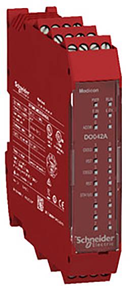 Červený elektrický modul od Schneider Electric s viacerými pripojeniami a popiskami, používaný na riadenie a automatizáciu.