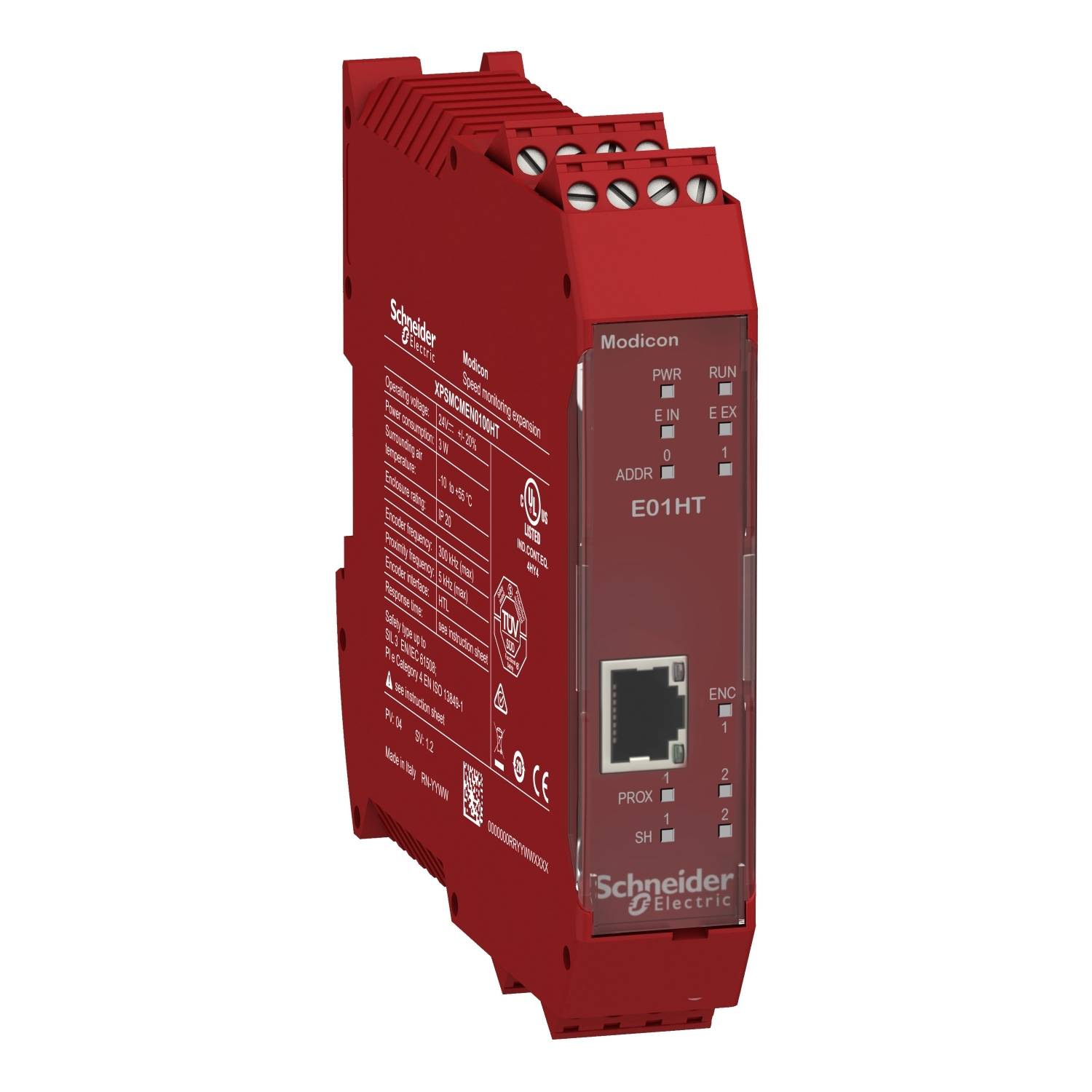 Červený automatizačný modul od Schneider Electric s ethernetovým pripojením. Číslo modelu 'E01HT'.