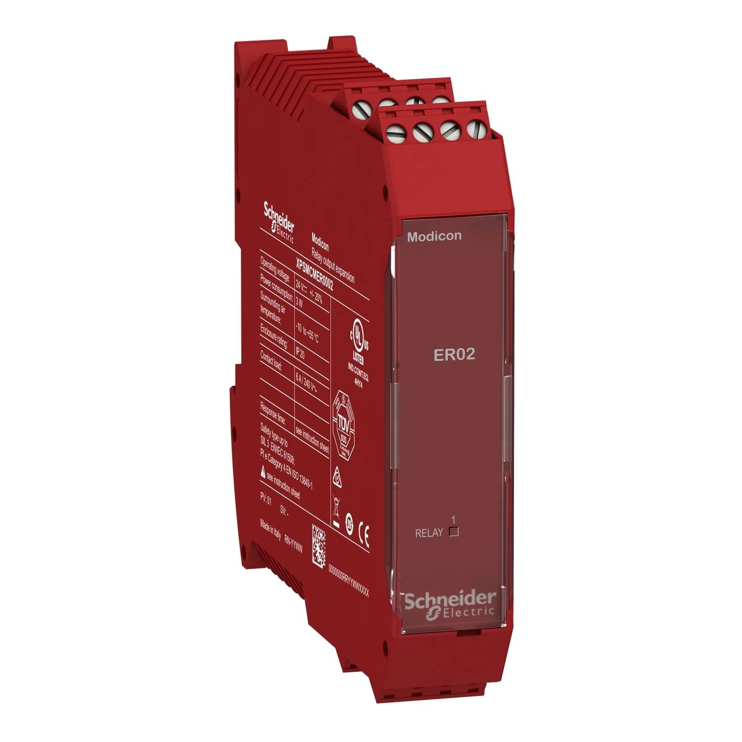 Červený elektronický modul spoločnosti Schneider Electric s nápisom 'ER02 Relay' na prednej strane.