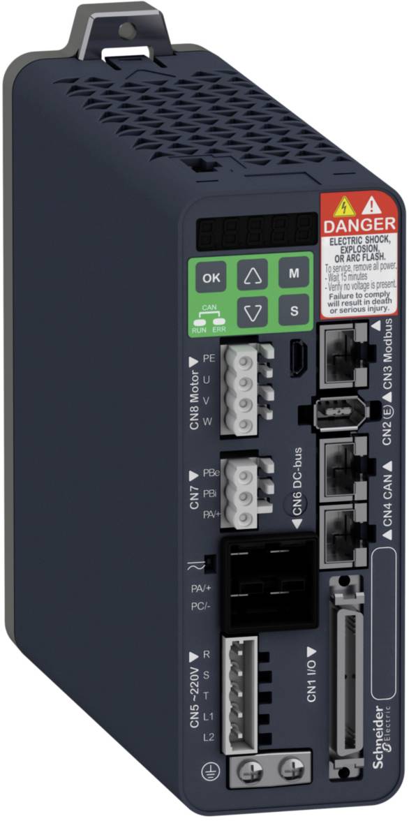Čierne elektrické zariadenie s viacerými portami a tlačidlami spredu. Má výstražné upozornenia na vrchu a je od spoločnosti Schneider Electric.
