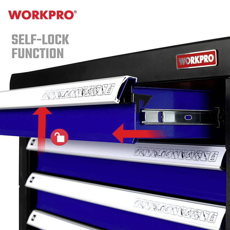 'WORKPRO Nástrčný/Náraďový skrinku' so samozamykacou funkciou. Otvorená zásuvka odhaľuje červený mechanizmus.
