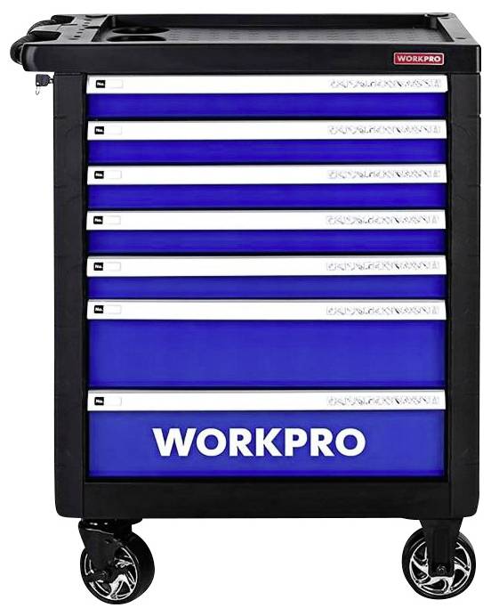 Čierny vozík na náradie so siedmimi modrými zásuvkami, pojazdný na štyroch kolieskach, s nápisom 'WORKPRO'.