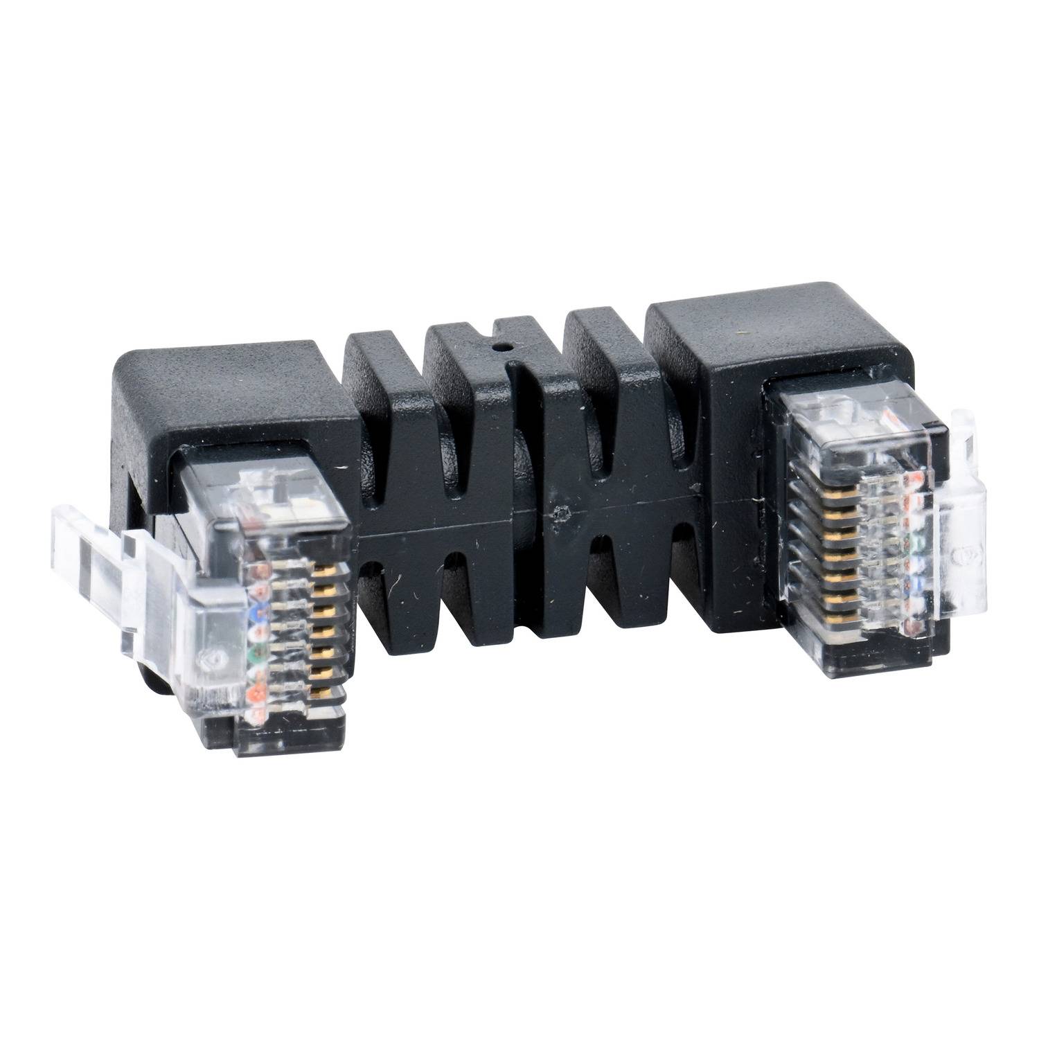 Čierny sieťový adaptér s dvoma RJ45 portami na oboch stranách, používaný na prepojenie ethernetových káblov.