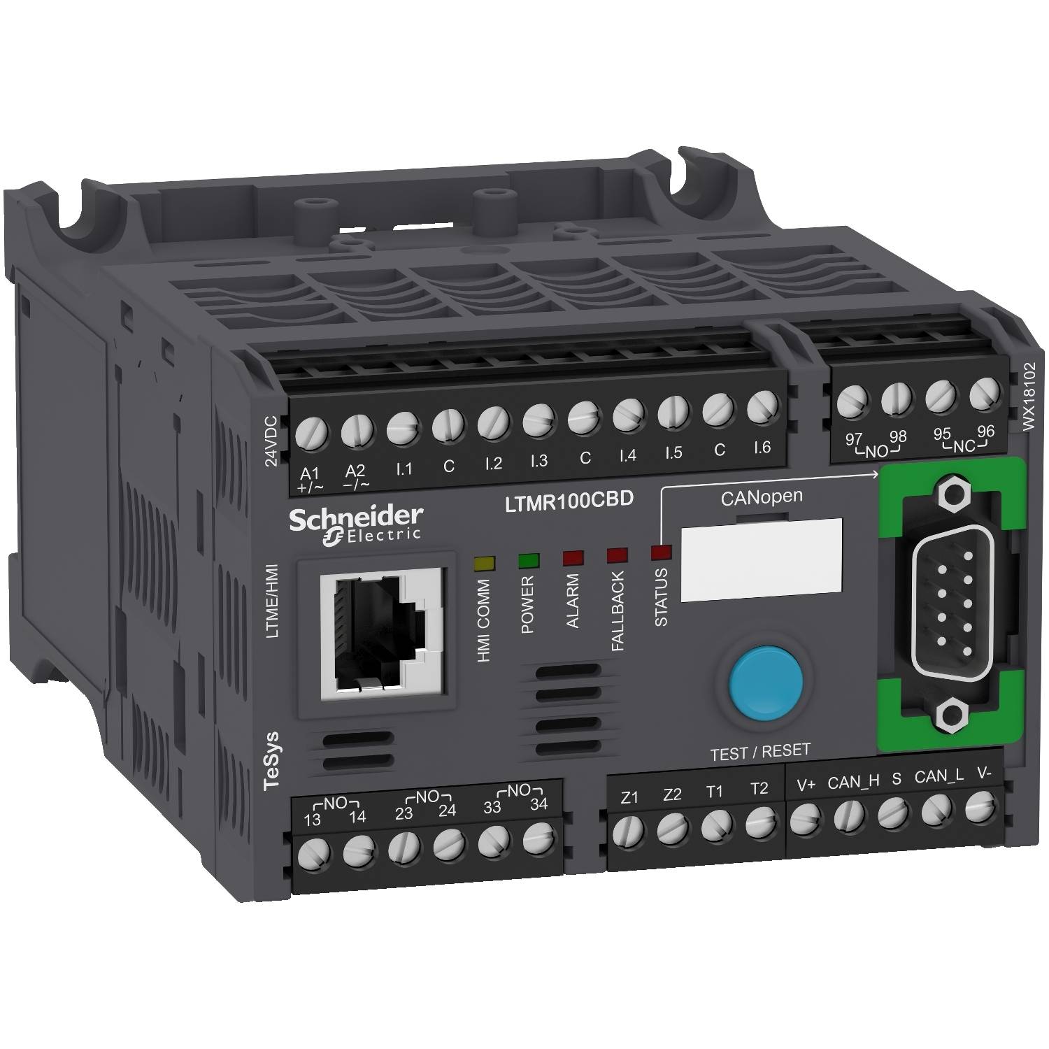Elektronické zariadenie: Schneider Electric LTMR100CBD, s rôznymi konektormi, indikátormi a označeniami, ako CANopen a napájací zdroj.