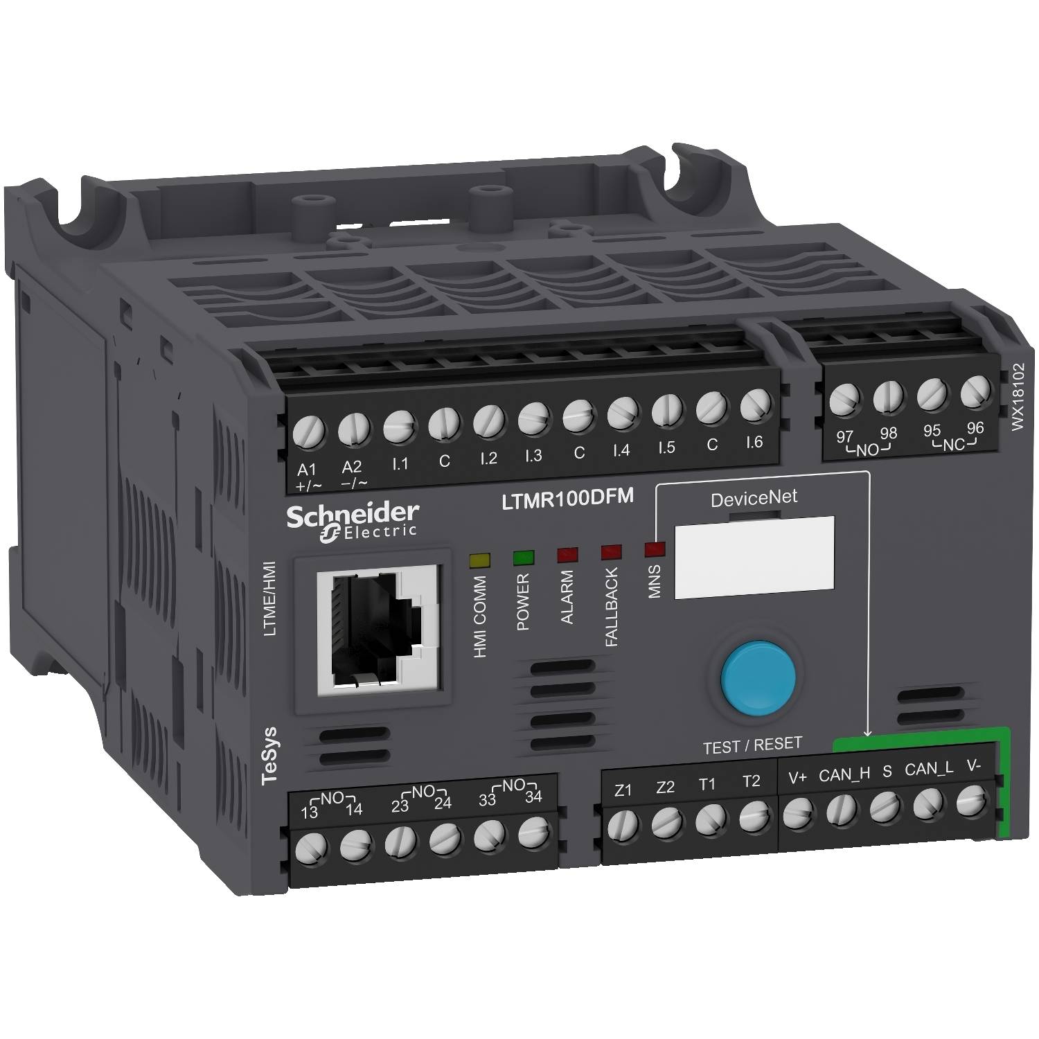 Zariadenie 'Schneider Electric LTM R100' v sivej farbe, zobrazujúce rôzne pripojovacie svorky a sieťové pripojenie.
