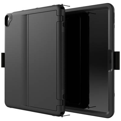 Čierny obal na tablet s odnímateľným stojanom a držiakom na pero po boku, ktorý poskytuje ochranu a funkčnosť.