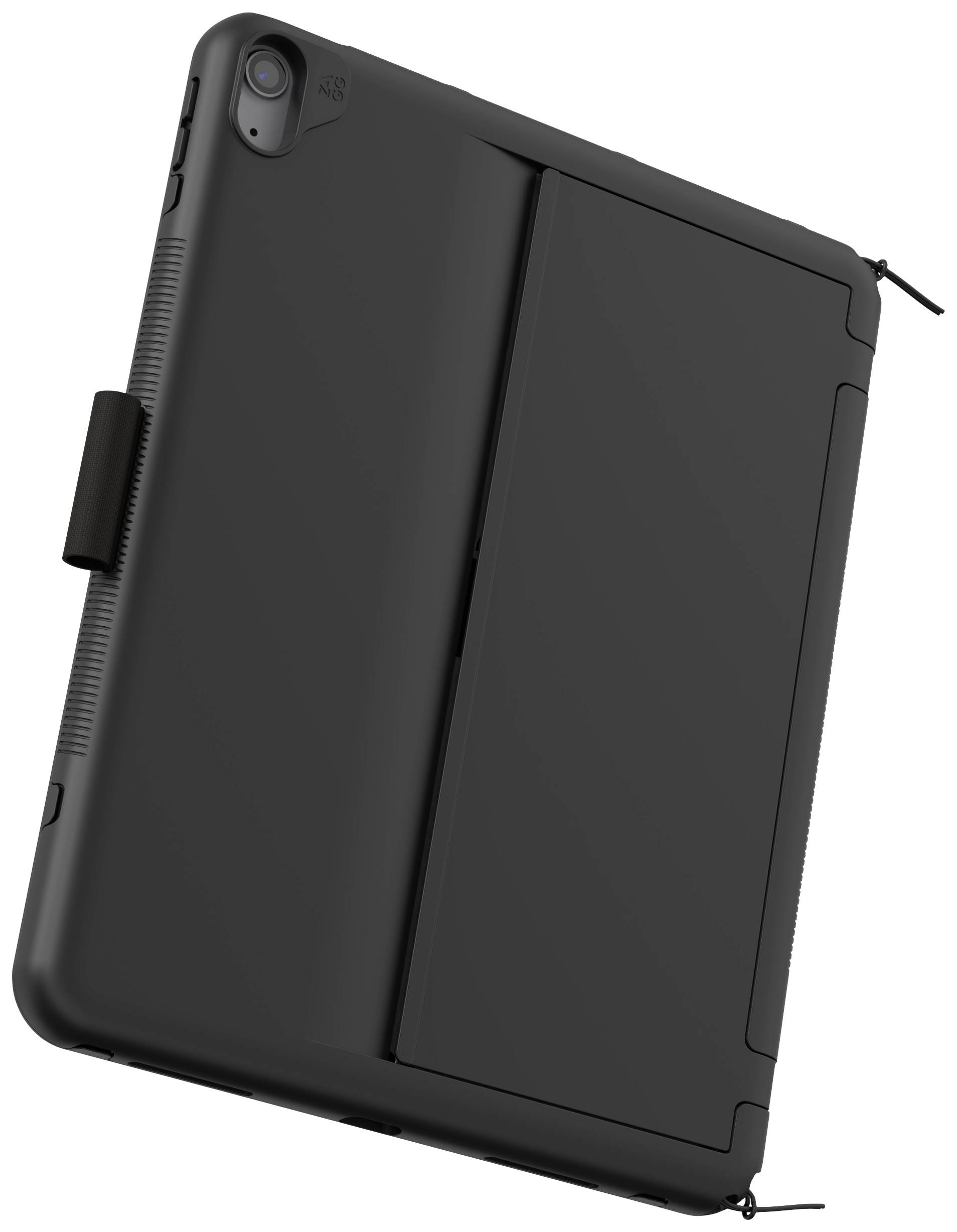 Čierny tablet s robustným krytom a odnímateľným stojanom. Zadná strana ukazuje kryt a výstup pre kameru.