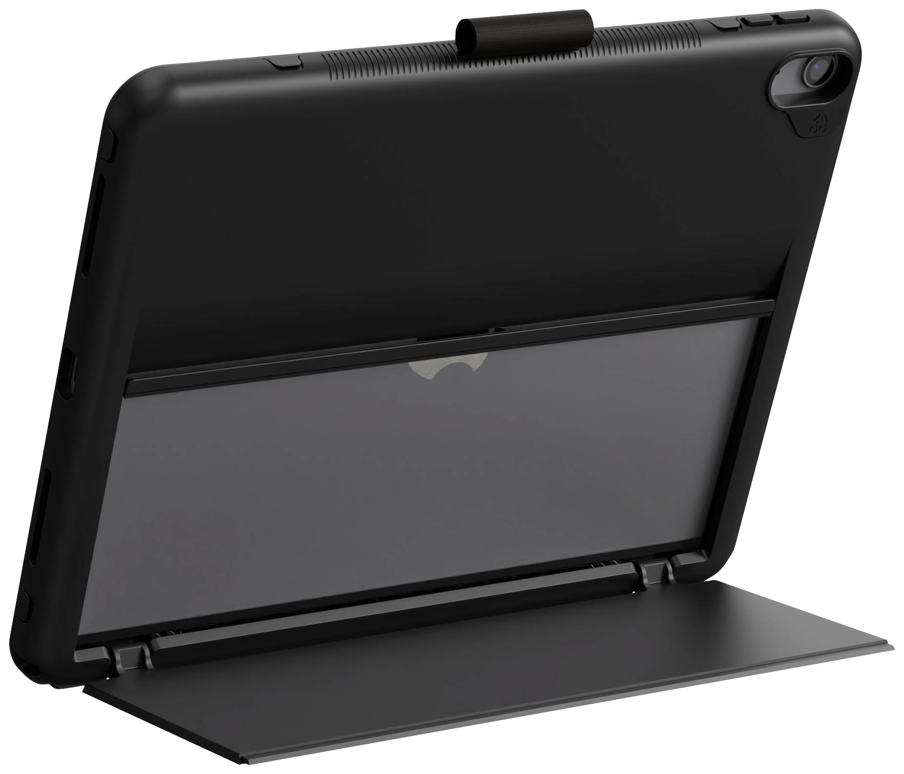 Čierny tablet v ochrannom obale so vstavaným stojanom, mierne naklonený dozadu, na hladkom povrchu.