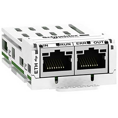 'Dva ethernetové porty s označeniami: IN, RUN, ERR, OUT. Pripojovací modul v priemyselnom sieťovom zariadení.'