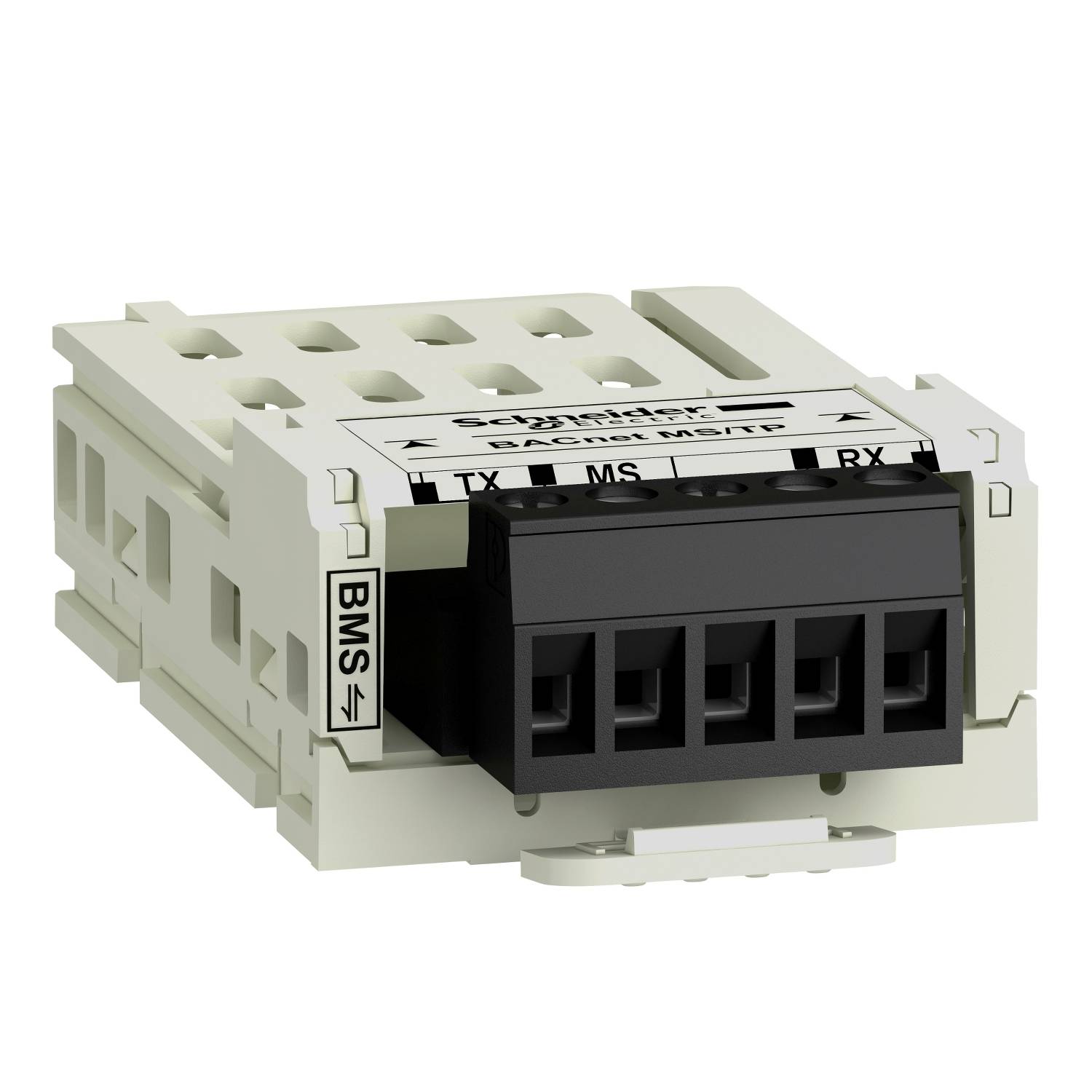 Biele, obdĺžnikové elektrické zariadenie s nápisom 'BACnet MS/TP'. Vľavo sú konektory označené 'BMS'.
