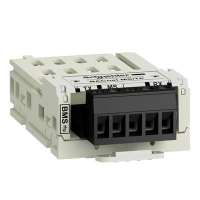 Biele, obdĺžnikové elektrické zariadenie s nápisom 'BACnet MS/TP'. Vľavo sú konektory označené 'BMS'.