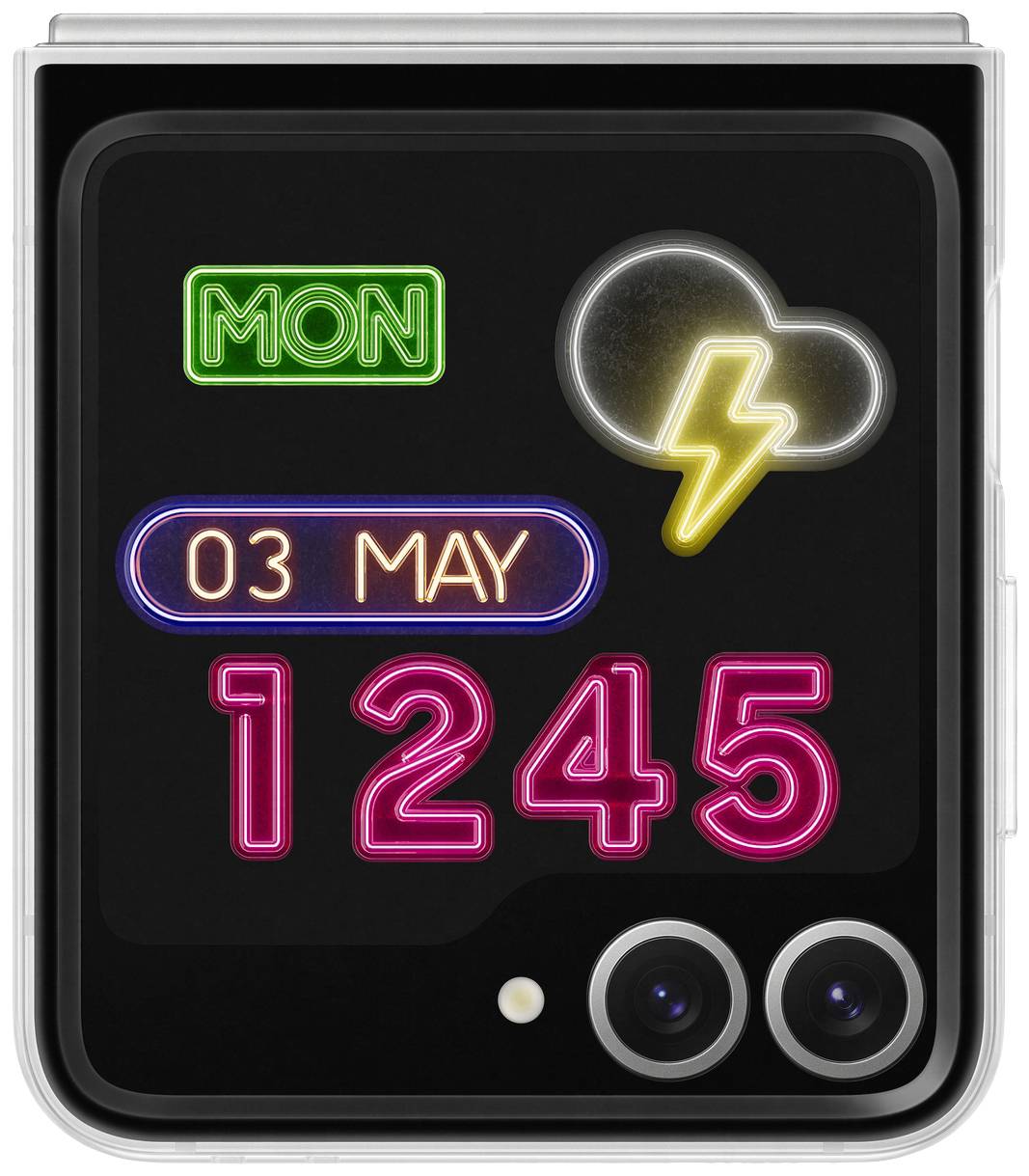 Smartfónový displej zobrazuje deň v týždni 'MON', dátum '03 MÁJ', čas '12:45' a symbol počasia s bleskom.