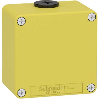 Žlté plastové puzdro s logom 'Schneider Electric' na prednej strane. Hore čierne veko s otvorom.