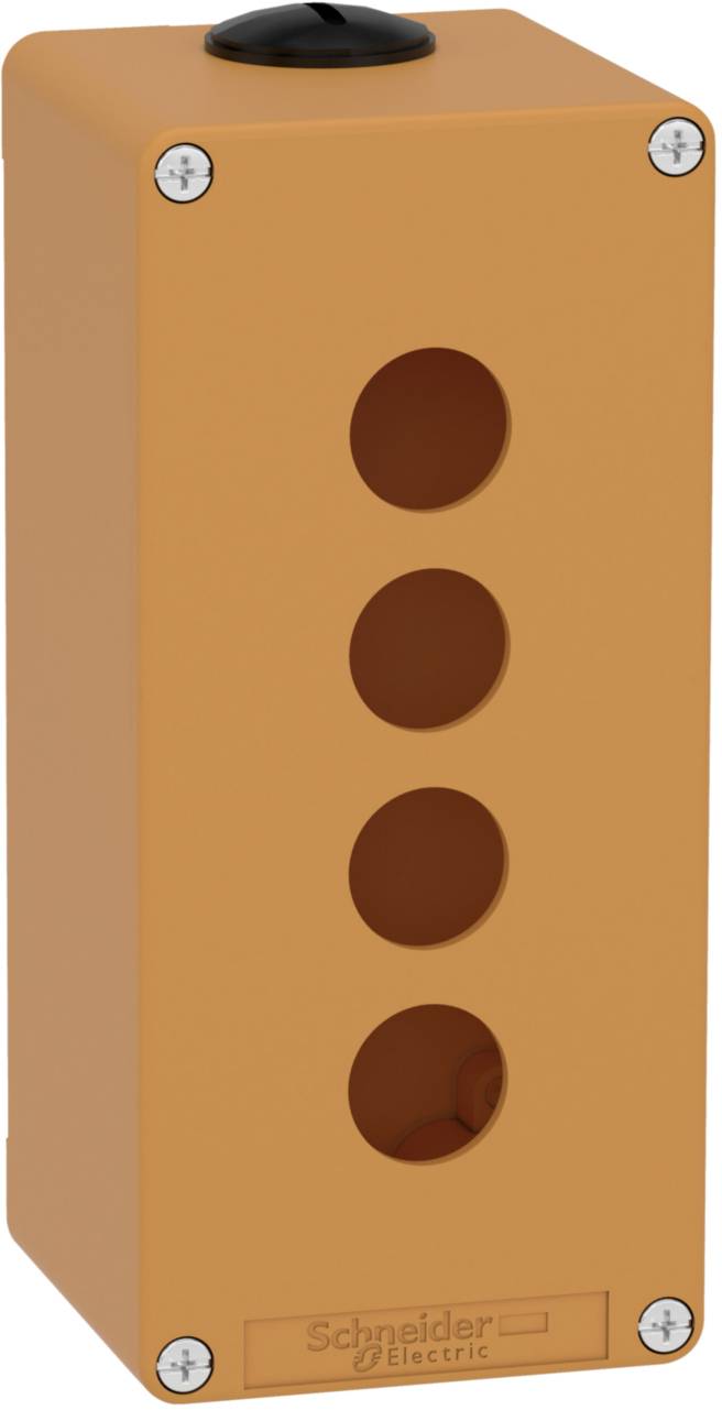 Oranžové plastové rozvádzačové púzdro so štyrmi kruhovými otvormi a skrutkovým upevnením v rohoch.