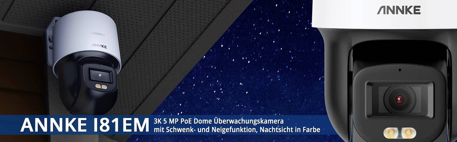 Monitorovacia kamera 'ANNKE I81EM': Biela a čierna, namontovaná na strope. 3K rozlíšenie, PoE, s funkciou panoramovania a nakláňania, farebné nočné videnie.