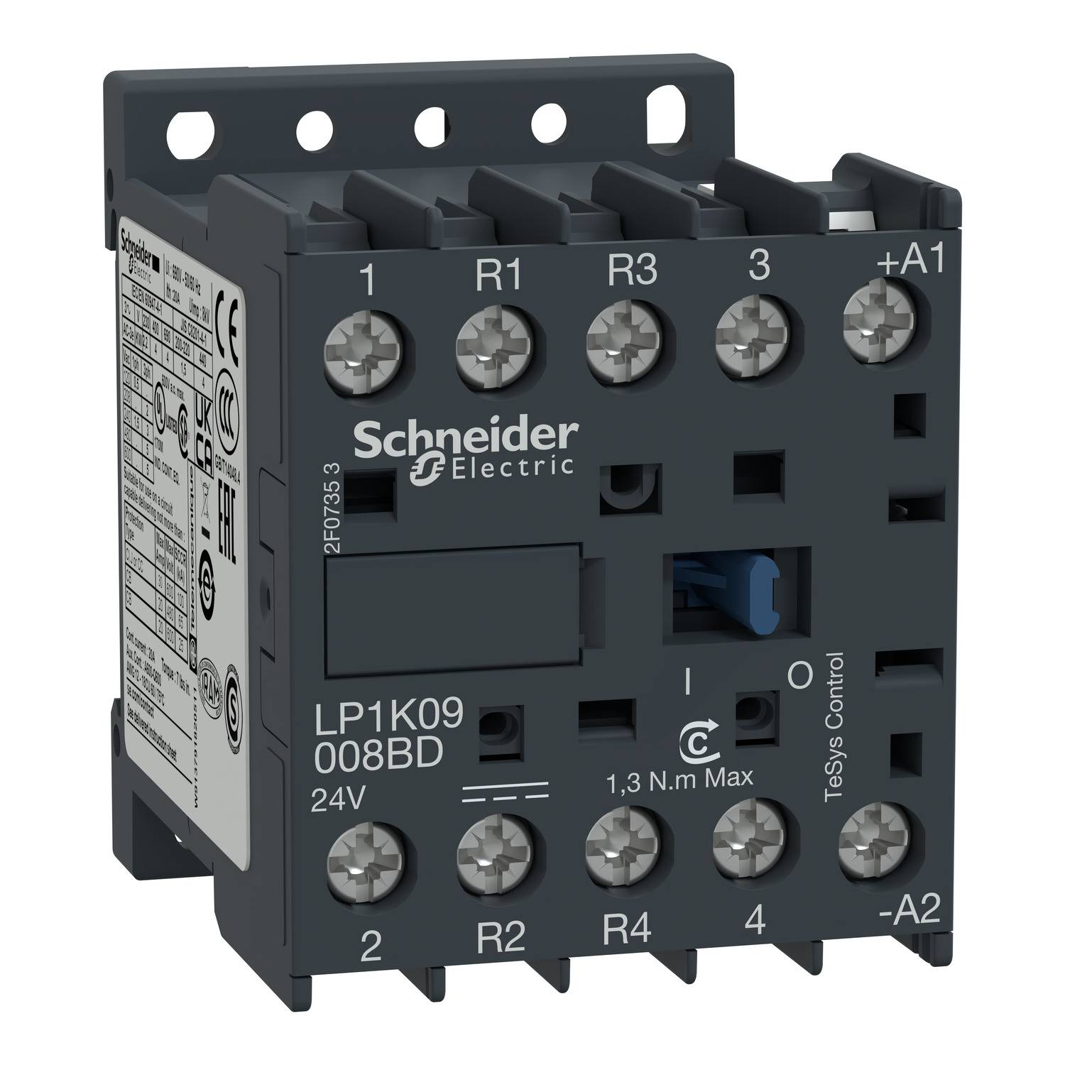 Čierny výkonový stykač od Schneider Electric s označenými svorkami R1 až R4, A1 a A2 a označením 24V.