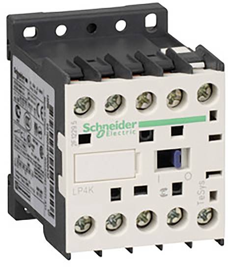 'Schneider Electric Schütz' so skrutkovými svorkami. Predná strana zobrazuje popisy a prepínač so symbolmi Zap/Vyp. Používa sa v elektrických obvodoch.