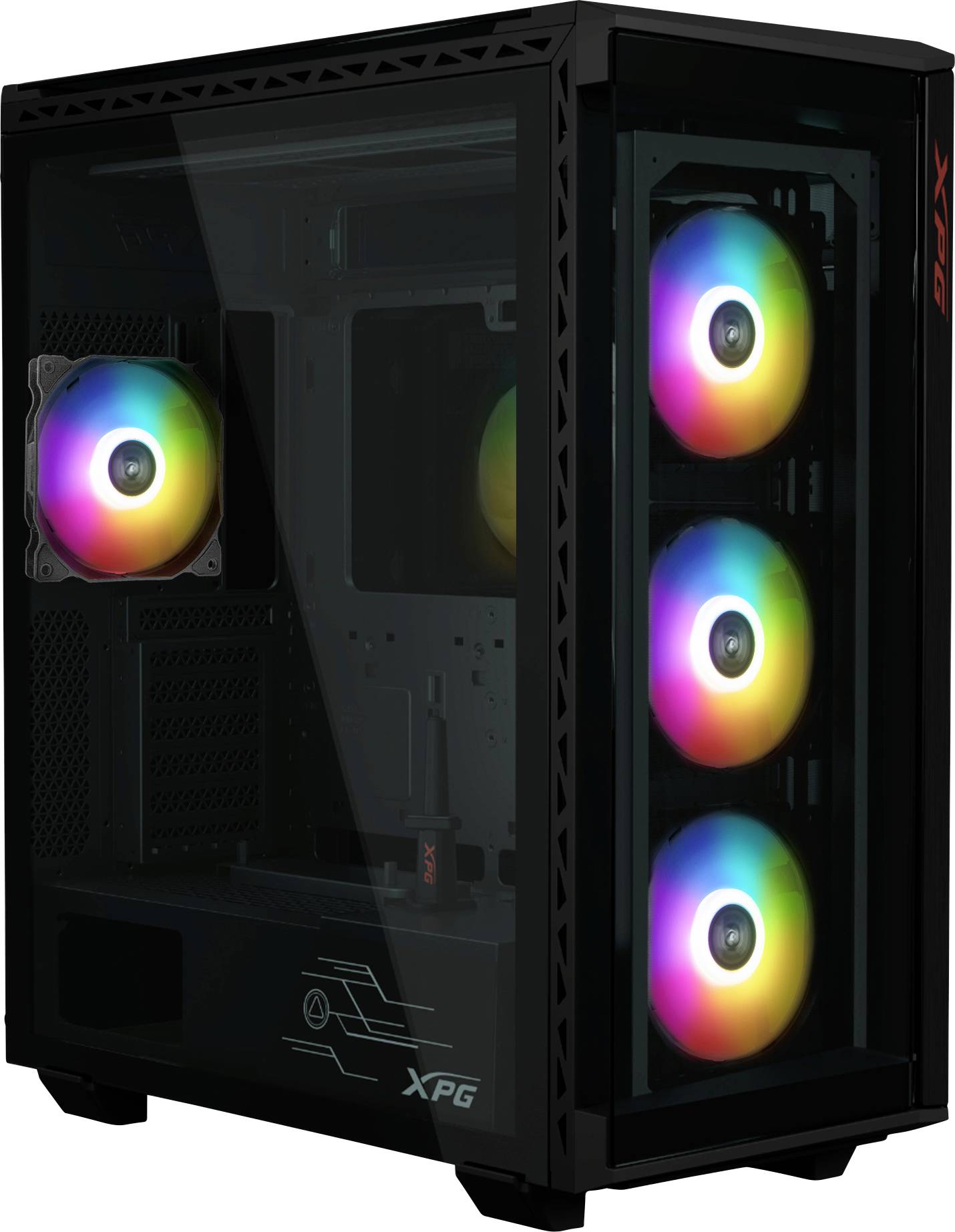 Čierna PC skrinka s bočným oknom. Štyri vnútorné ventilátory svietia dúhovými farbami.