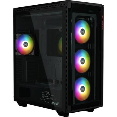 Čierna PC skrinka s bočným oknom. Štyri vnútorné ventilátory svietia dúhovými farbami.