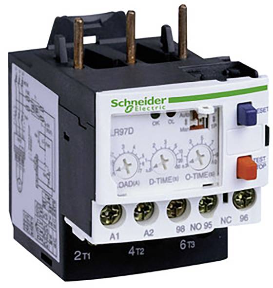 Obrázok zobrazuje elektronické relé od spoločnosti Schneider Electric s rôznymi pripájacími svorkami a nastavovacími kolieskami na ovládanie.