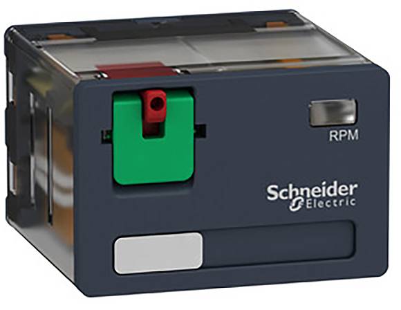 Elektrické relé modulu od Schneider Electric, tmavosivé s zelenou pákou a červenými označeniami, modelové označenie 'RPM'.