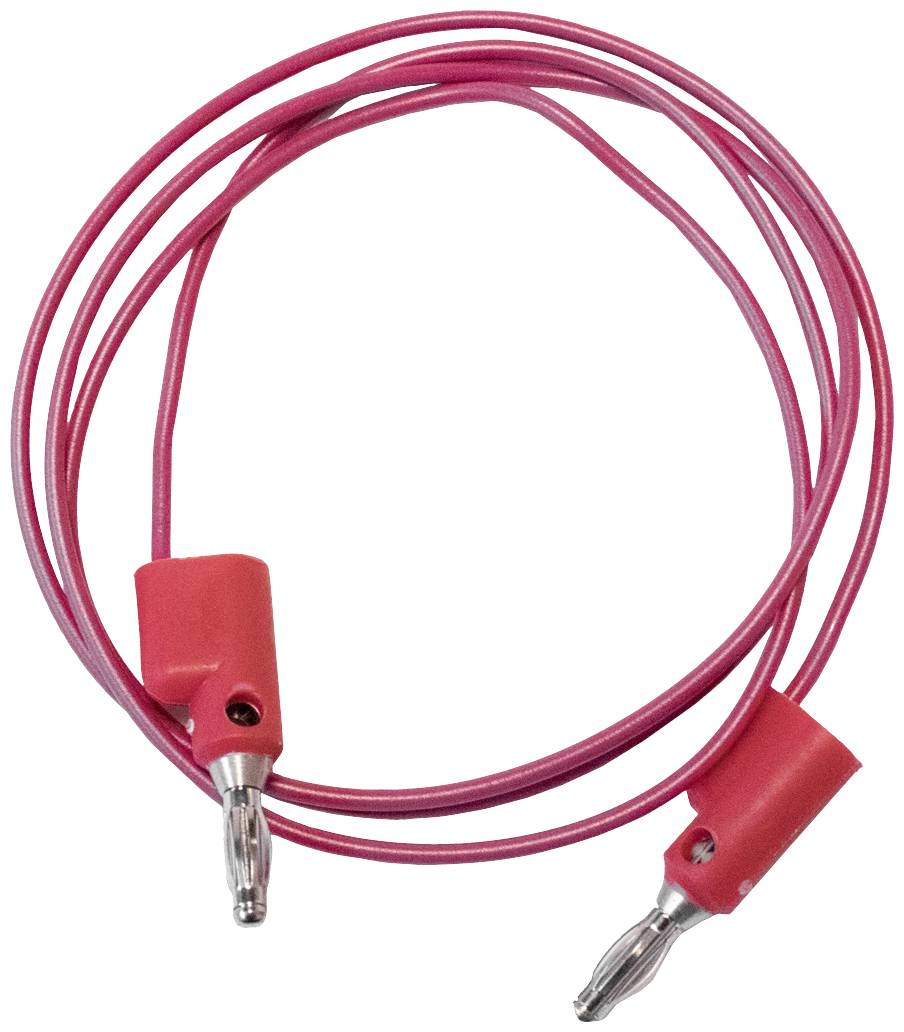 Červený elektrický prepojovací kábel s dvoma izolovanými banánovými konektormi, vhodný pre elektronické meracie prístroje.